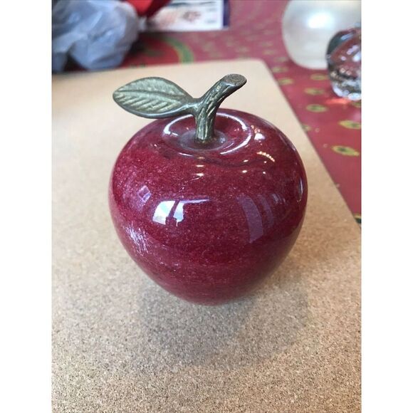 Vintage Marble Apple Paperweight, Red With Metal Gold Tone Stem and Leaf - Picture 1 of 8